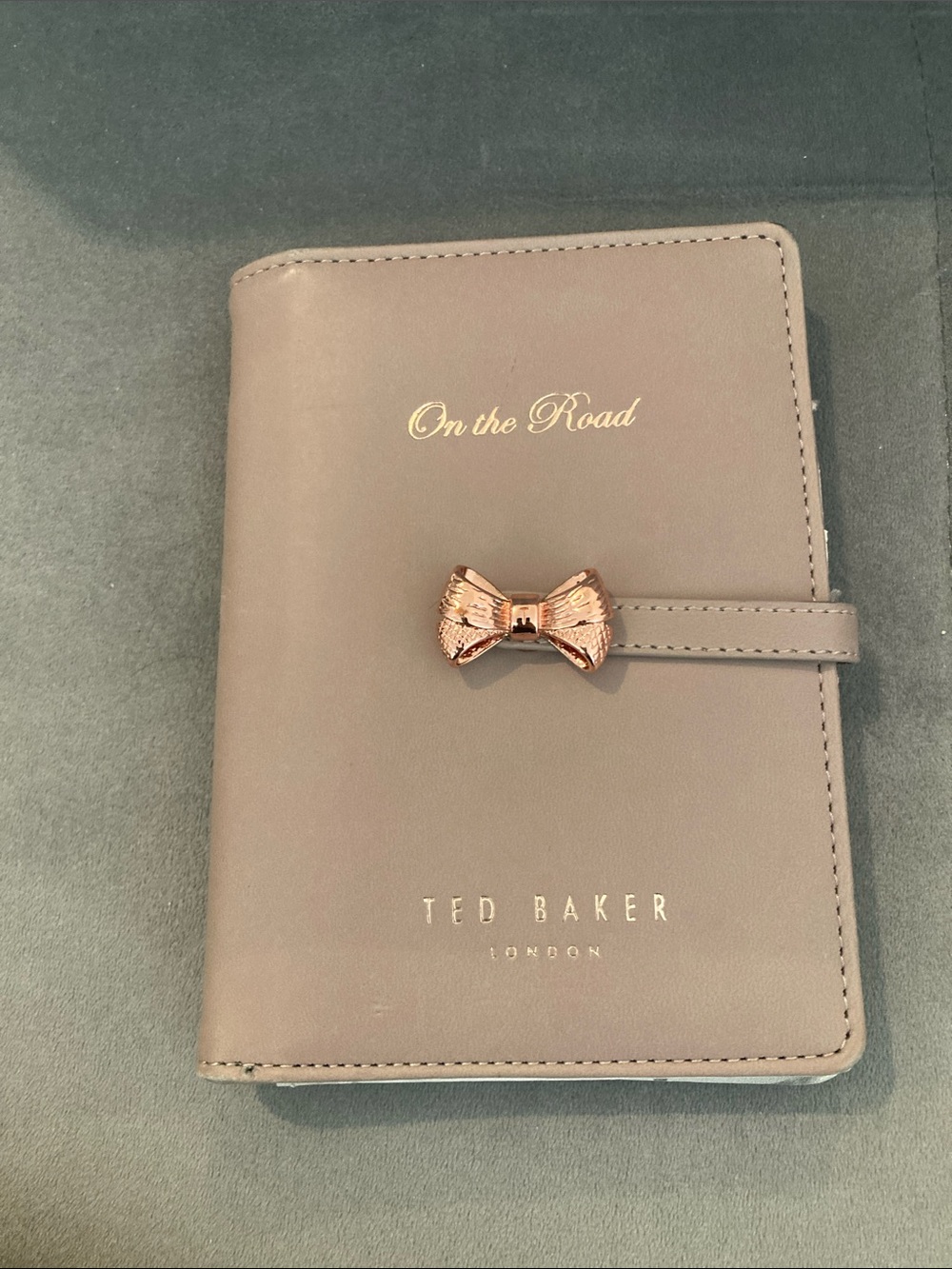 Ted Baker Taupe Leather Bow-Accent Passport Holder with Rose Gold Bow